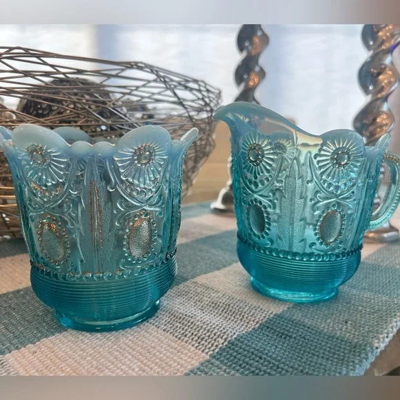Northwood Antique Blue Opalescent Jewel And Flower Spooner & Creamer 1900’s - Picture 1 of 4